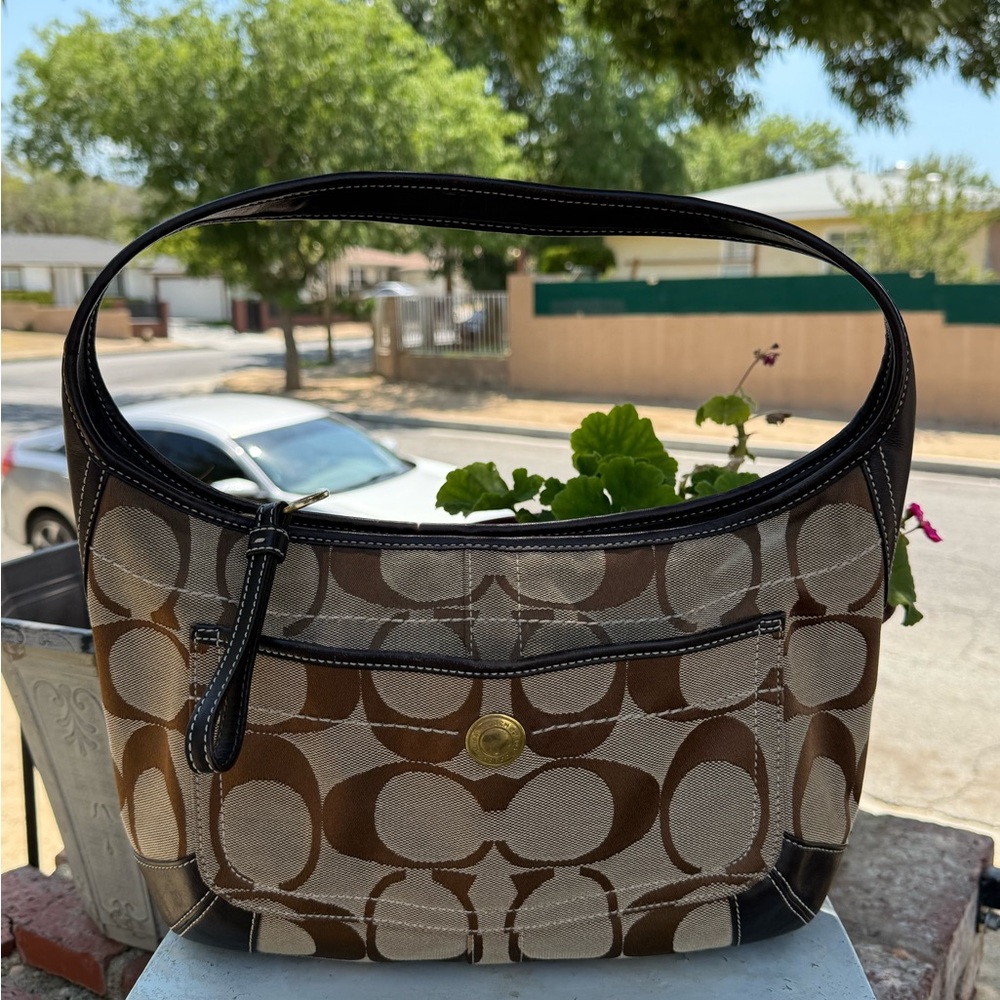 Coach Brown and Tan Shoulder Bag with Signature Pattern